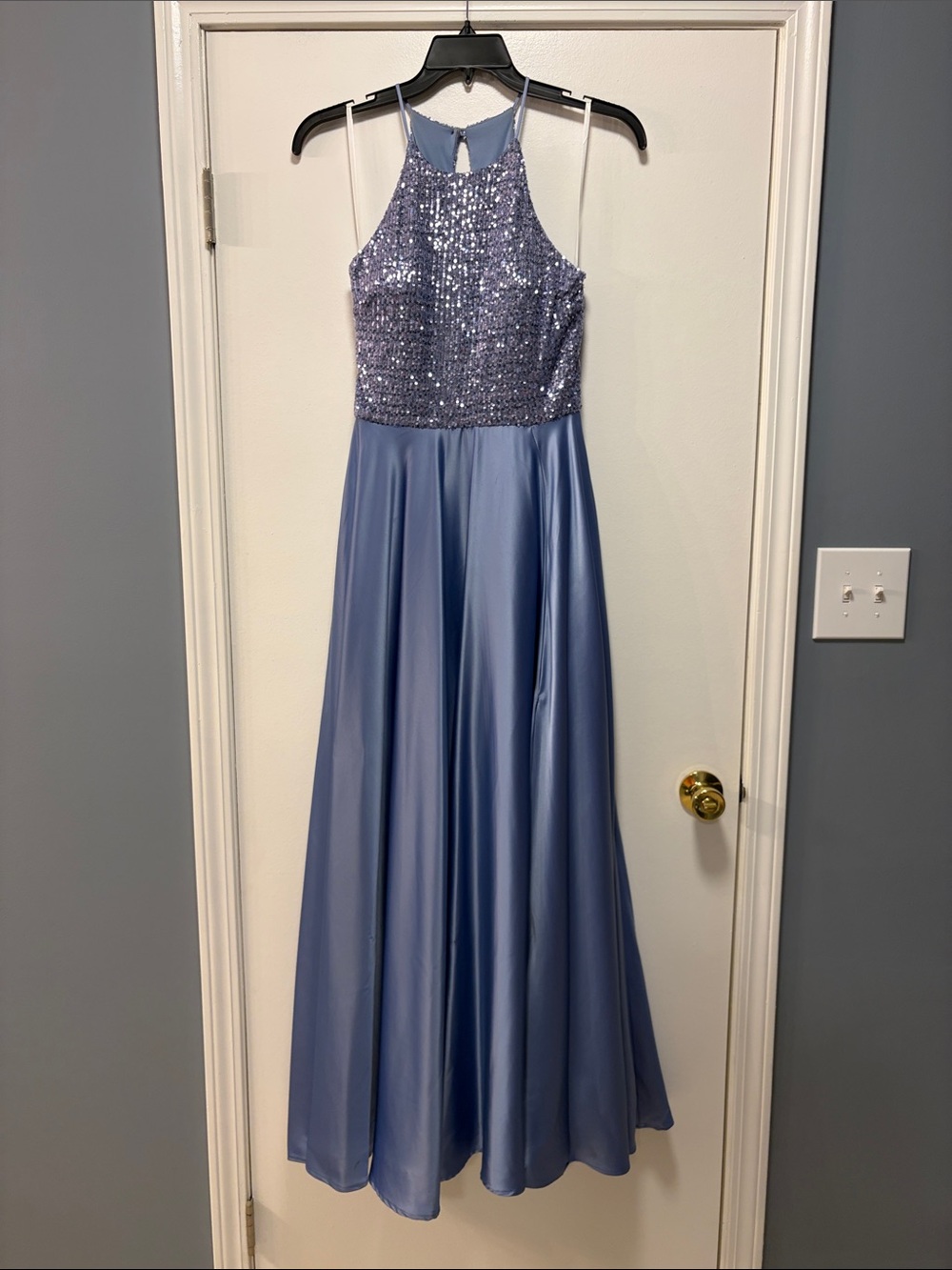 B Darlin Lavender Blue Sequin Halter Prom Dress